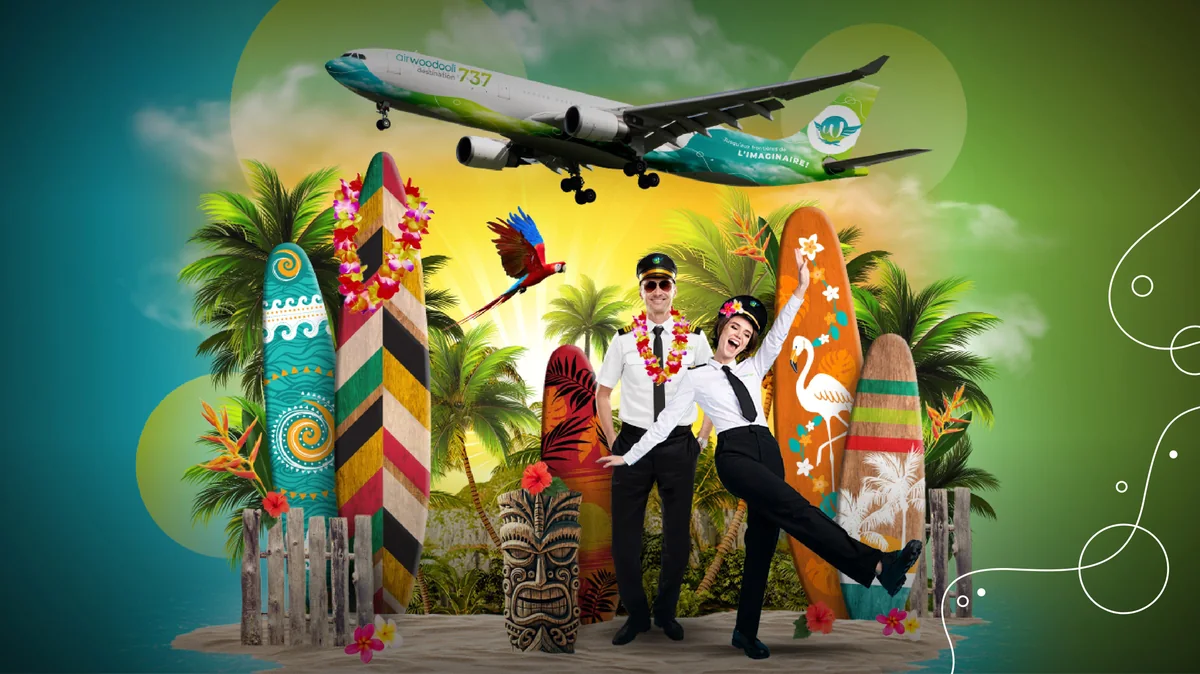 Avion 737 et équipage dans le décor tropical d’AirWoodooli